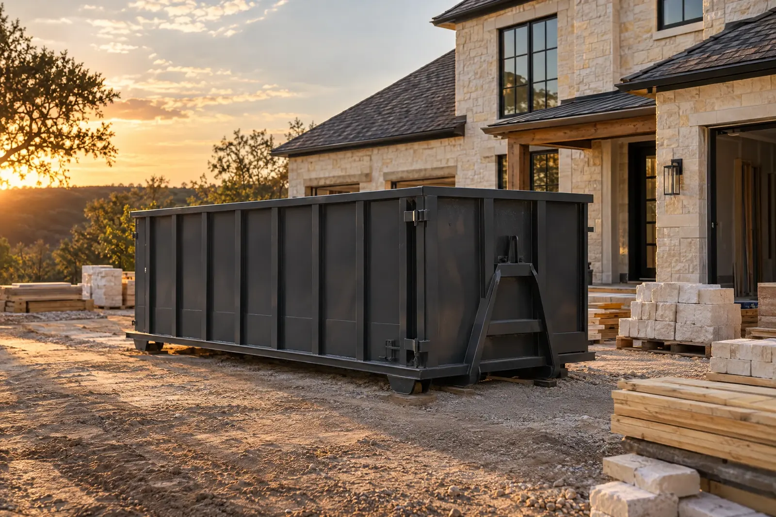 Atmospheric unbranded roll-off dumpster at an orderly renovation site; not a Royale project photo