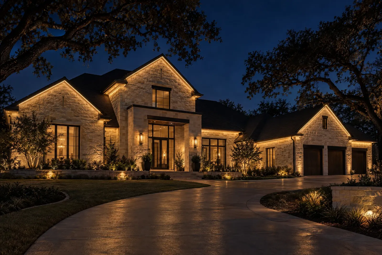 Atmospheric imagined home with warm permanent roofline lighting; not a real installation photo